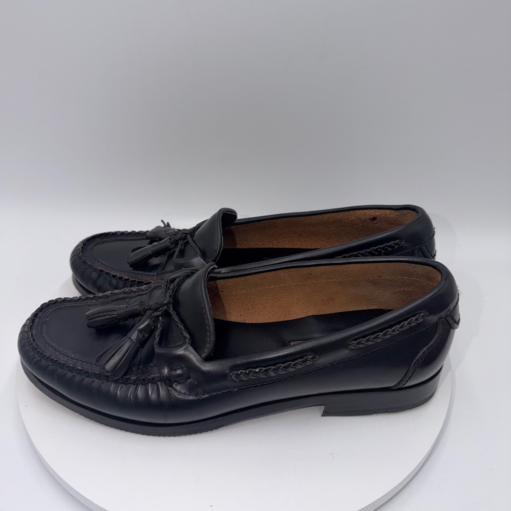GH Bass & Co Vintage Mens Black Leather Tassel Loafers Braided Trim 10.5 M